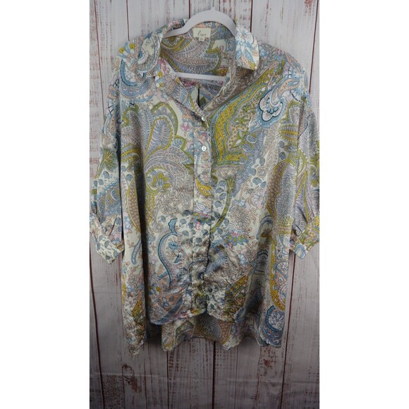 Lena Pink Paisley Button Down Tunic Boho Silky High Low Top Womens Size Large - Picture 1 of 8